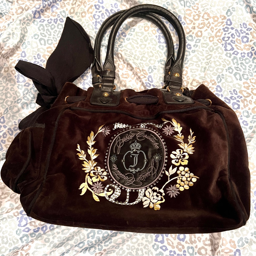 Vintage Black Juicy Couture Purse Velour Handbag Y2k Bag Floral Flower
